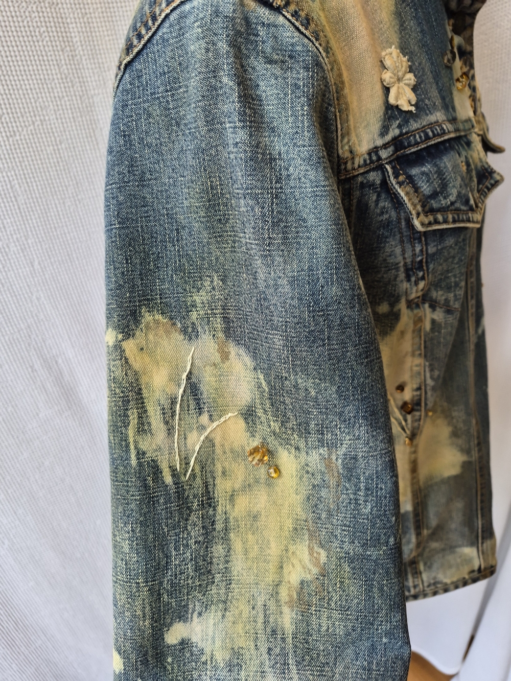 Upcycled Y2K Blue and Cream Embellished Denim Jacket - Picture 4 of 16
